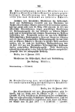 Verbesserung der wirtschaftlichen Lage der außerplanmäßig beschäftigten Studienassessoren : [D. Allgemeine Angelegenheiten der Unterrichtsanstalten]