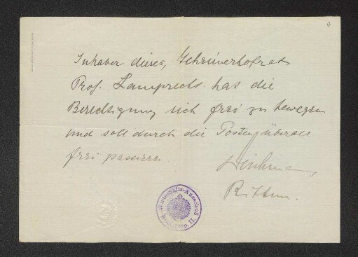 [Passierschein für Karl Lamprecht]