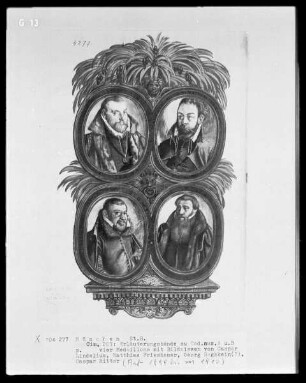 Erläuterungsbände zu den Bußpsalmen des Orlando di Lassos und den Motetten des Cyprian de Rore — Bildseite mit vier Bildnissen