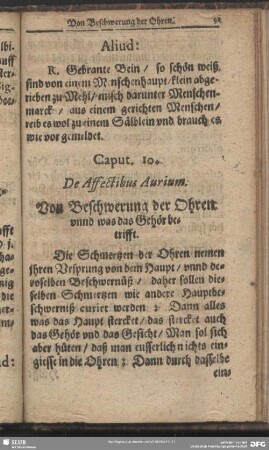 Caput 10. De Affectibus Aurium. Von Beschwerung der Ohren unnd was das Gehör betrifft