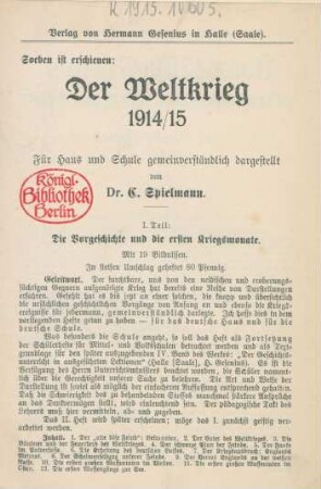 Über 800 Aufgaben über den Weltkrieg 1914/15 zu freien Aufsätzen und Niederschriften in Schulen