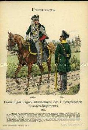 Uniformdarstellung, Offizier und Jäger der Freiwilligen Jäger des 1. Schlesischen Husaren-Regiments, Königreich Preußen, 1813.