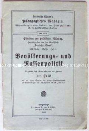 Heft aus der Schriftenreihe "Friedrich Mann's Pädagogisches Magazin" (Heft 1378) zur Rassenpolitik