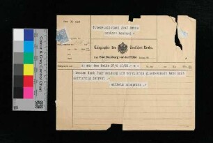 Telegramm aus dem Felde von Kronprinz Wilhelm mit Dank für Glückwünsche an Graf Dohna