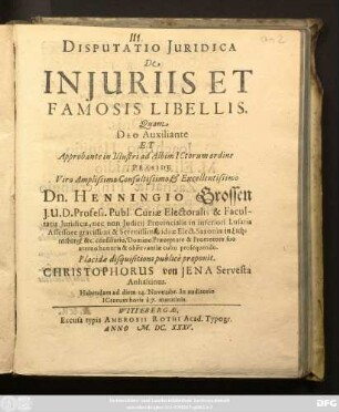 Disputatio Iuridica De Iniuriis Et Famosis Libellis