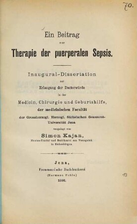Ein Beitrag zur Therapie der puerperalen Sepsis ...