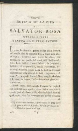 Breve Notizia Della Vita Di Salvator Rosa Pittore E Poeta Tratta Da Diversi Autori
