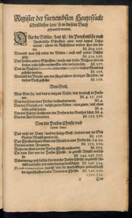 Register der fürnembsten Heupstücke Christlicher Lere ...