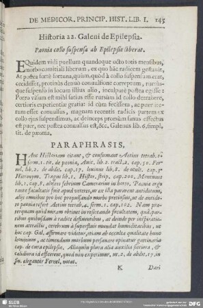 Historia 22. Galeni de Epilepsia. Paenia collo suspensa ab Epilepsia liberat