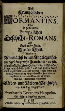 3: Der Frantzösische Cormantin, Oder so genannter Europaeischer Geschicht-Roman, Auf Das 1687. Jahr. 3