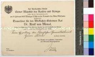Einladungskarte für Generalleutnant Krebs zur Teilnahme an der Trauerfeier für den Maler Adolph Menzel