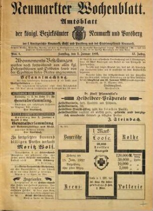 Neumarkter Wochenblatt : nationale Tageszeitung für die südwestliche Oberpfalz ; ältestes Heimatblatt ; Neumarkter Volkszeitung. 1892 = Jg. 57