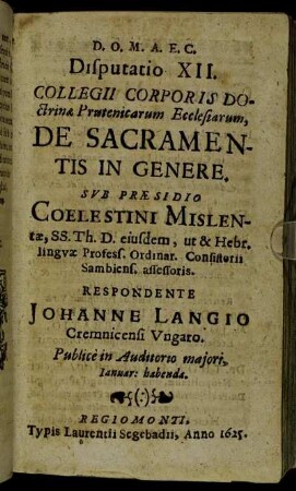 Disputatio XII. De Sacramentis In Genere.