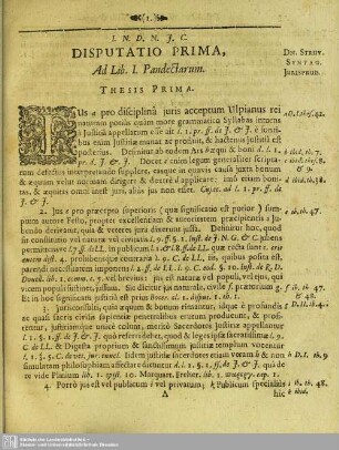 Disputatio Prima, Ad Lib. I. Pandectarum