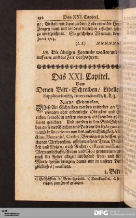 Das XXI. Capitel. Von Denen Bitt-Schreiben / Libellen / Supplicationen, Intercessionen, u.d.g.