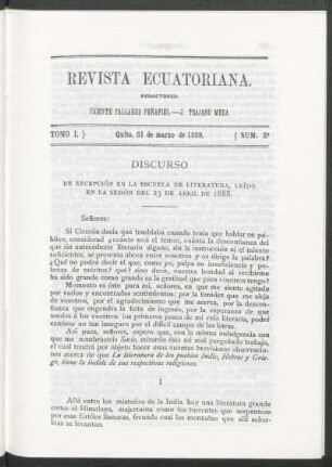 Discurso de recepción en la escuela de literatura, leído en la sesión del 23 de abril de 1888.