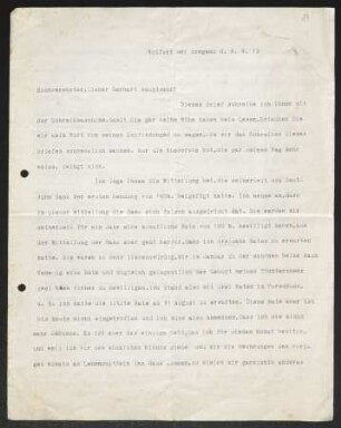 Brief von Hans Kyser an Gerhart Hauptmann
