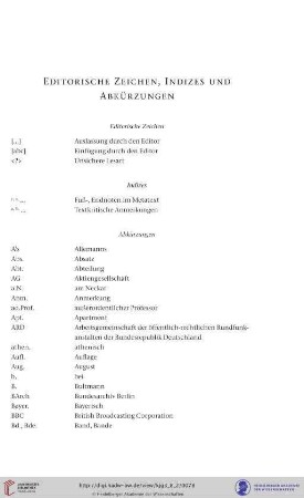 Editorische Zeichen, Indizes und Abkürzungen