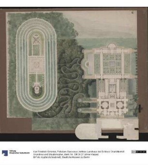 Potsdam-Sanssouci. Antikes Landhaus bei Schloss Charlottenhof. Grundriss und Situationsplan