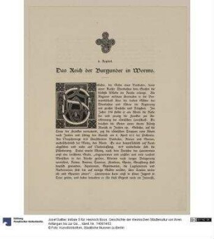 Initiale S für: Heinrich Boos. Geschichte der rheinischen Städtekultur von ihren Anfängen bis zur Gegenwart mit besonderer Berücksichtigung der Stadt Worms. Berlin: Stargardt 1897