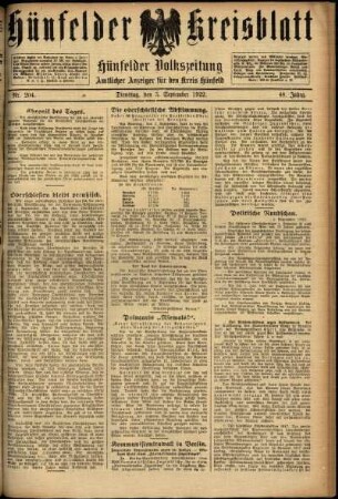 Ausgabe vom Dienstag, den 05. September 1922.