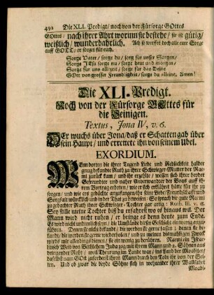 Die XLI. Predigt. Noch von der Fürsorge GOttes für die Seinigen