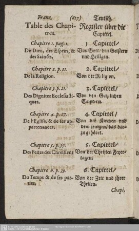 Table des Chapitres. Register über die Capittel