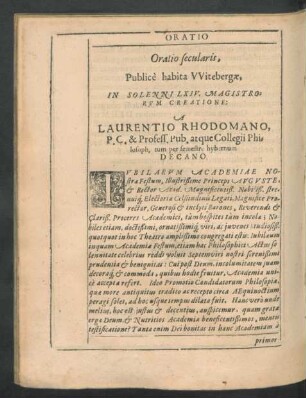 Oratio secularis ... a Laurentio Rhodomano