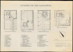 Vier Kleingärten: 4 Kleingärten und Bepflanzungsplan: Grundriss 1:100