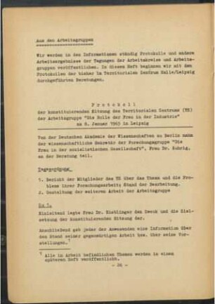 Aus den Arbeitsgruppen : Protokoll der konstituierenden Sitzung des Territorialen Zentrums Halle/Leipzig der Arbeitsgruppe "Die Rolle der Frau in der Industrie" vom 8.1.1965 in Leipzig