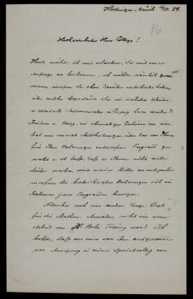 Nr. 5: Brief von Wilhelm Fiedler an Felix Klein, Hottingen <Zürich>, 16.6.1883
