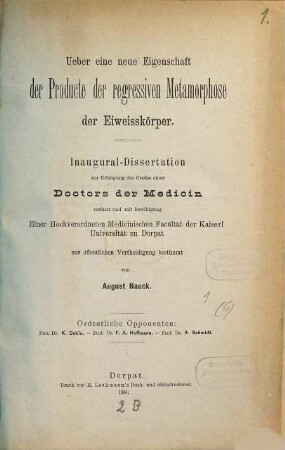 Ueber eine neue Eigenschaft der Producte der regressiven Metamorphose der Eiweisskörper : Inaugural-Dissertation