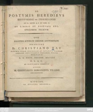 Specimen 1: De Postvmis Heredibvs Institvendis Vel Exheredandis Ad LL. XXVIII. §. I Et XXIX. D. De Liberis Et Postvmis Etc.