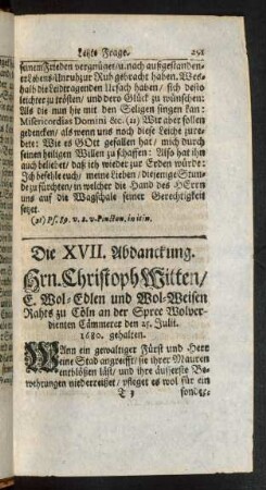 Die XVII. Abdanckung. Hrn. Christoph Witten ... gehalten.