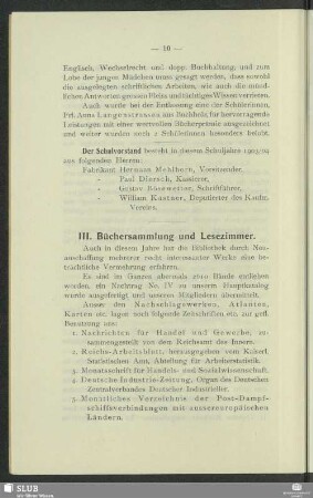 III. Büchersammlung und Lesezimmer
