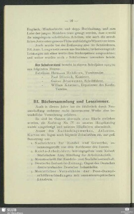 III. Büchersammlung und Lesezimmer