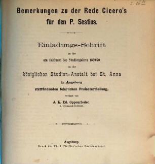 Einladungs-Schrift zu der am Schlusse des Studienjahres ... an der Königlichen Studien-Anstalt bei St. Anna in Augsburg stattfindenden feierlichen Preisevertheilung. 1869/70