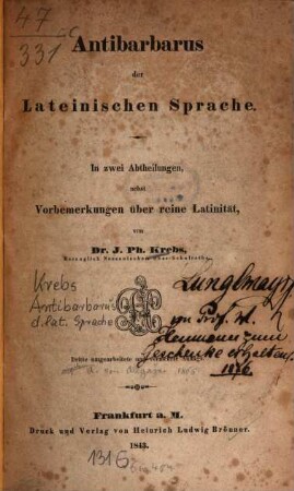 Antibarbarus der lateinischen Sprache : in zwei Abtheilungen nebst Vorbemerkungen über reine Latinität