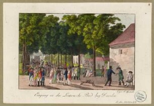 Eingang in das Linckesche Bad, zwischen Bautzner Straße und Mündung der Prießnitz in Dresden (1776 gegründet, mit Mineralwasserbad, Theater 1858 für Ausflugsgasthof abgerissen), Radierung um 1800 : Eingang in das Linkensche Bad bey Dresden / bey C. F. Sprinck. - [Dresden] , [ca. 1800]. - 1 Kunstblatt : kolor. Radierung ; 12,4 x 8,2 cm,