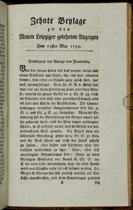 Zehnte Beylage zu den Neuen Leipziger gelehrten Anzeigen. Zum 15ten May 1795.