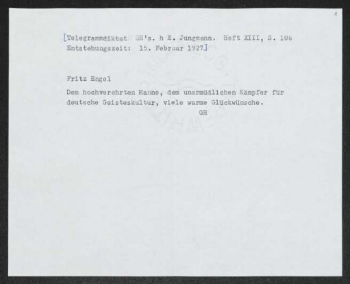 Brief von Gerhart Hauptmann an Fritz Engel