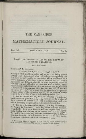 I. On the expressibility of the roots of algebraic equations.
