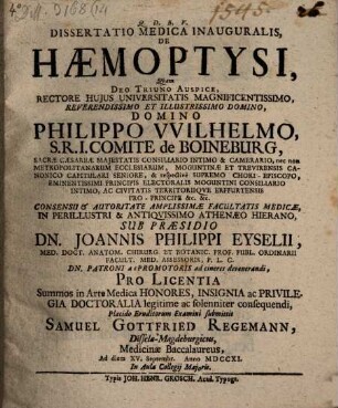 Dissertatio Medica Inauguralis, De Hæmoptysi