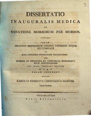 Dissertatio Inauguralis Medica De Sanatione Morborum Per Morbos