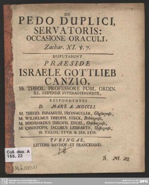 De Pedo Duplici Servatoris: Occasione Oraculi, Zachar. XI. v. 7