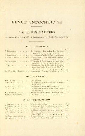 Table des matières contenues dans le tome XIV de la nouvelle série (juillet-décembre 1910)