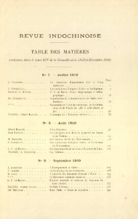 Table des matières contenues dans le tome XIV de la nouvelle série (juillet-décembre 1910)