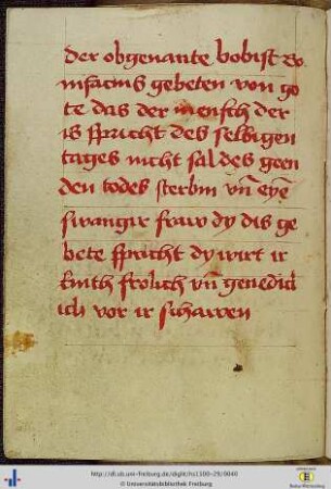 [18v - 19v] Erzählung über eine von der englischen Königin erbetene Gebetsanweisung des Papstes Bonifatius.