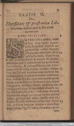 Oratio II. De Neceßitate & praestantia Literarum, habita cum Rectoratum deponeretur