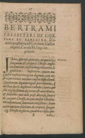 Bertrami Presbyteri De Corpore Et Sanguine Domini praefatio, ad Carolum Galliae regem, Caroli M. Imp. nepotem.